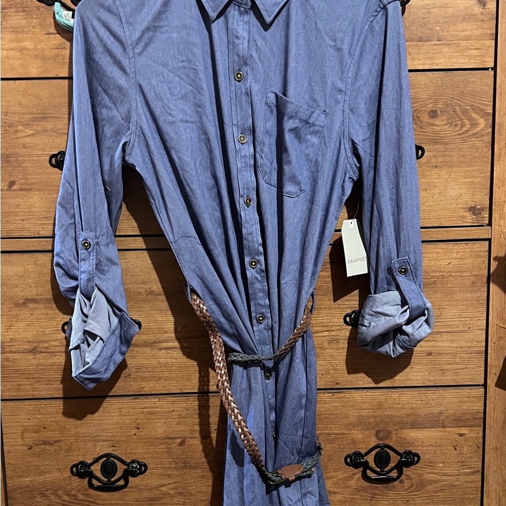 Blue Button-Up Shirt with Belt